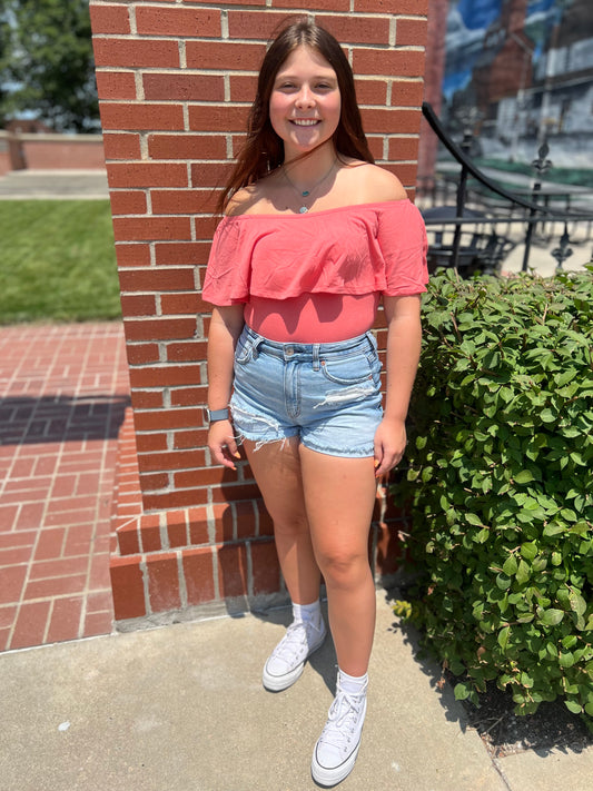 Ruffle off the shoulder bodysuit-Coral