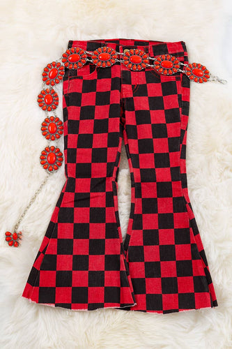 RED & BLACK CHECKER PRINTED DENIM PANTS. PNG50133003 MARY: 2XS