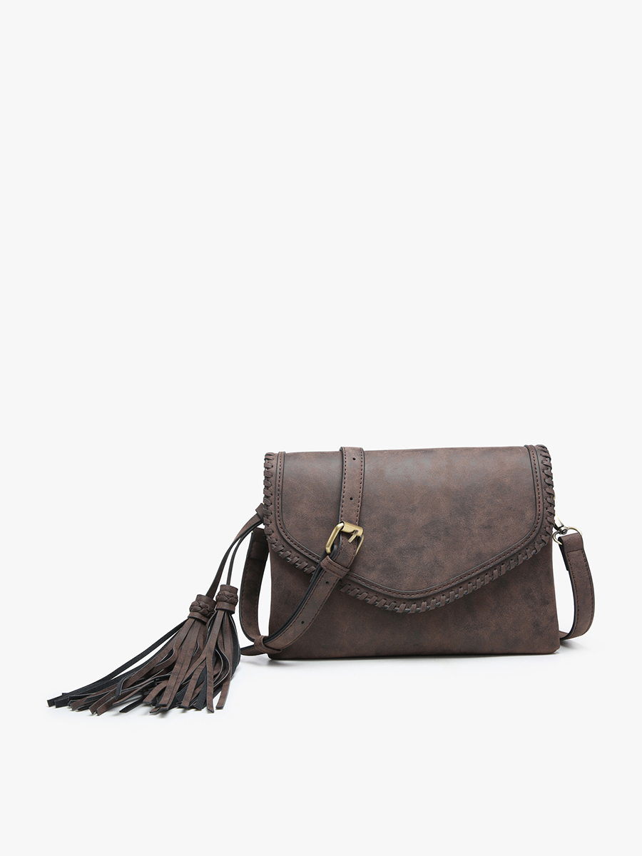 M1802SDE Sloane Suede Flapover Whipstitch Crossbody: Dark Brown