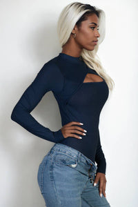 Cutout Long Sleeve Bodysuit: Navy