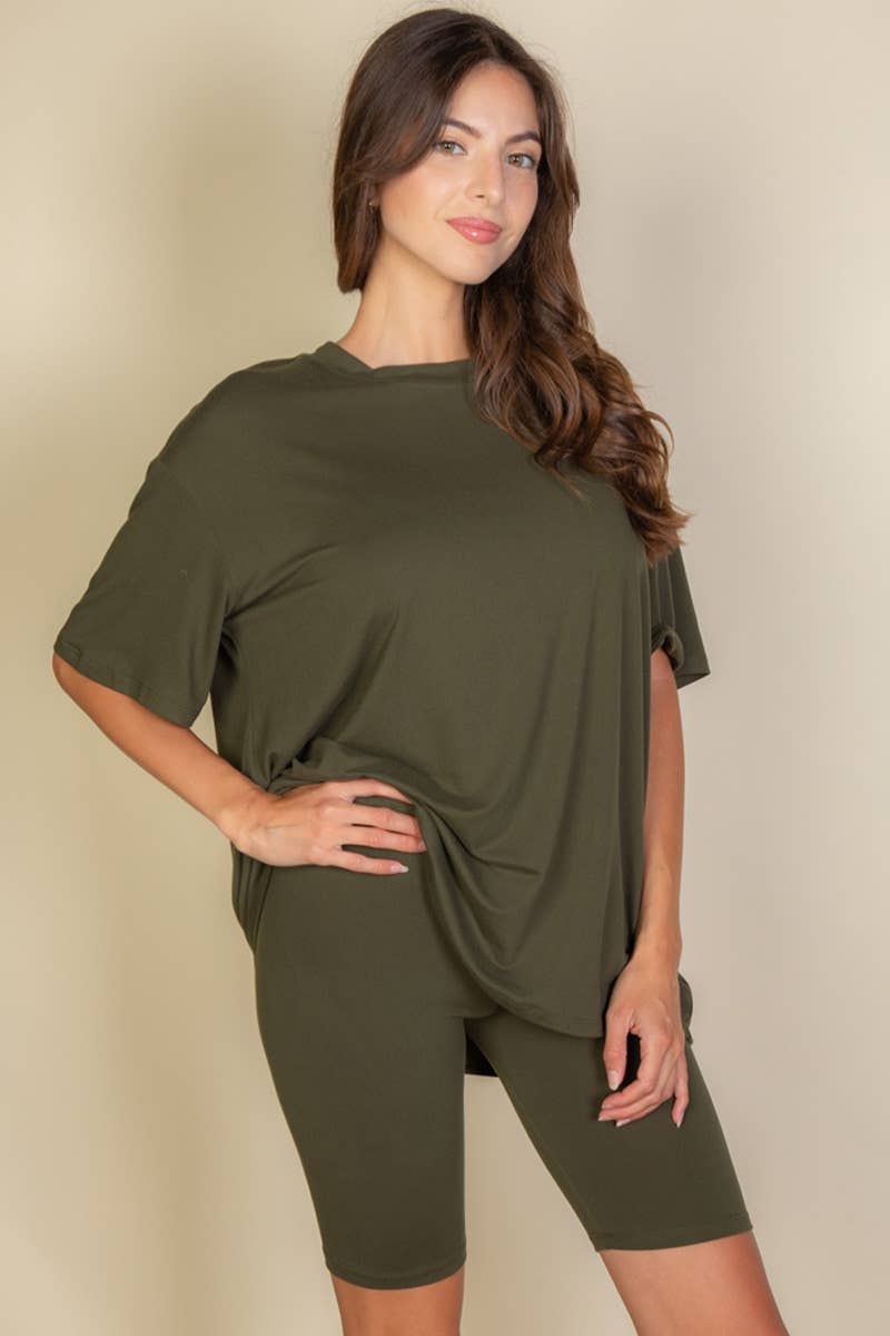 Loose Fit Top & Bike Shorts Set: OLIVE