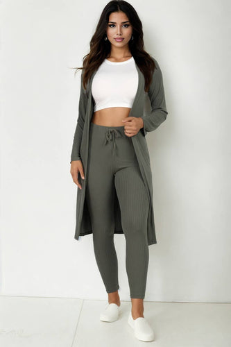 Ribbed Cardigan & Legging Set: Olive
