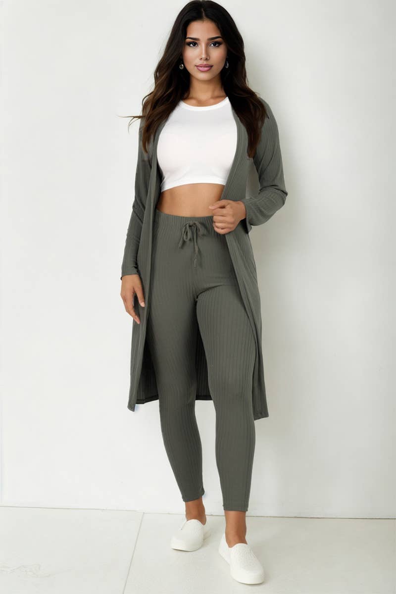 Ribbed Cardigan & Legging Set: Olive