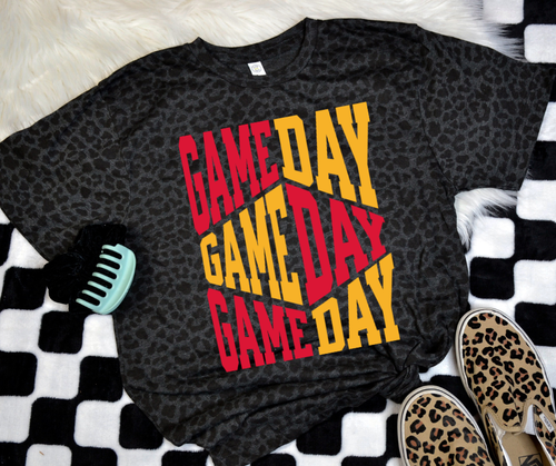 Red/Gold Game Day Repeat Black Leopard Tee: Large