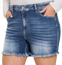 Mid rise raw hem denim shorts-curvy