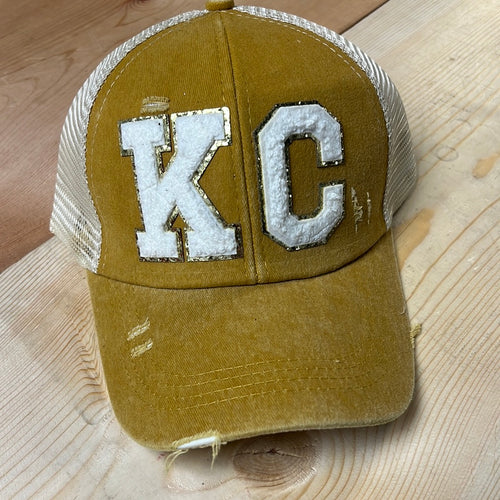 Kc mustard chenille patchwork caps