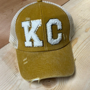 Kc mustard chenille patchwork caps