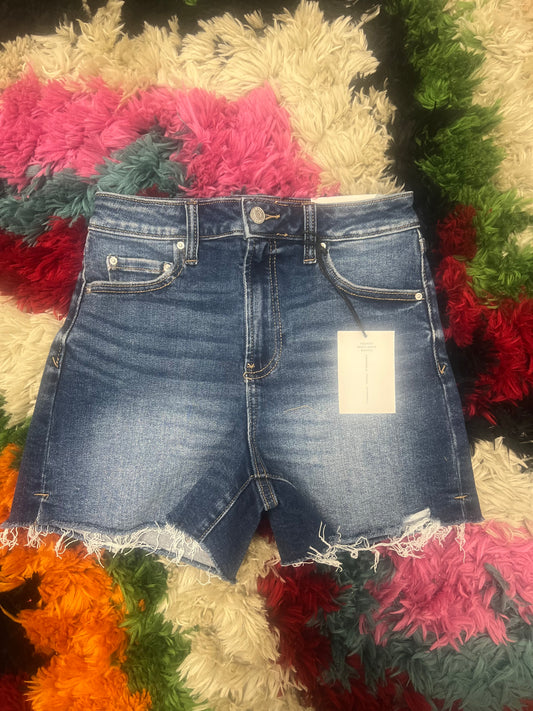 Distressed hem denim shorts