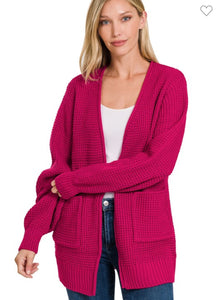 Magenta waffle open cardigan