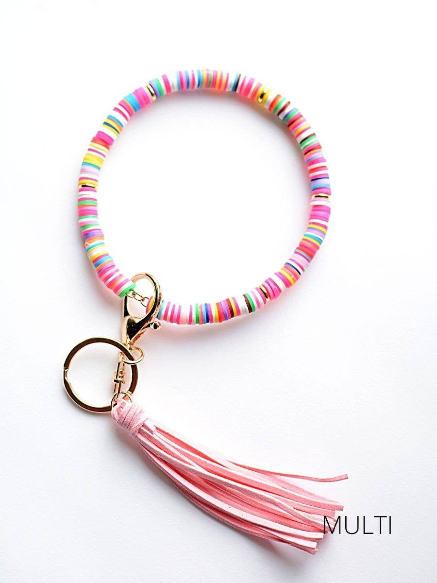 Heishi Beaded Key Ring with Tassel - solid and multi colored: Yellow