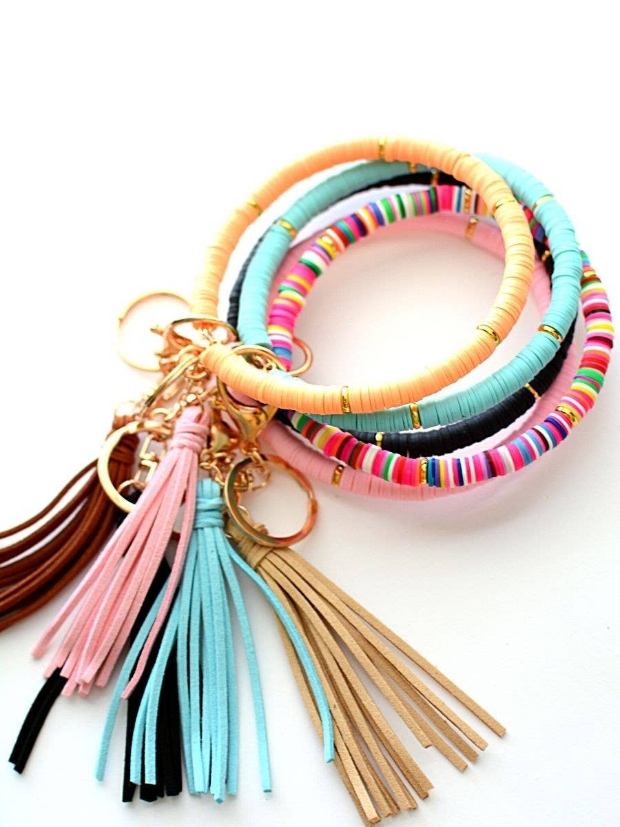 Heishi Beaded Key Ring with Tassel - solid and multi colored: Yellow