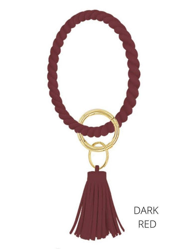 Twisted Silicone Key Ring with Tassel Keychain wristlet: Dark Red