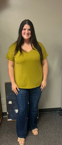 Ribbed v neck high low top-olive mustard