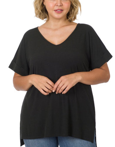 Ribbed v neck high low top-black